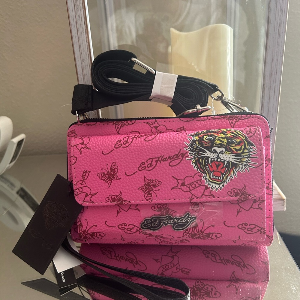 Ed Hardy Vibrant Pink crossbody/wallet/wristlet with Tiger Design